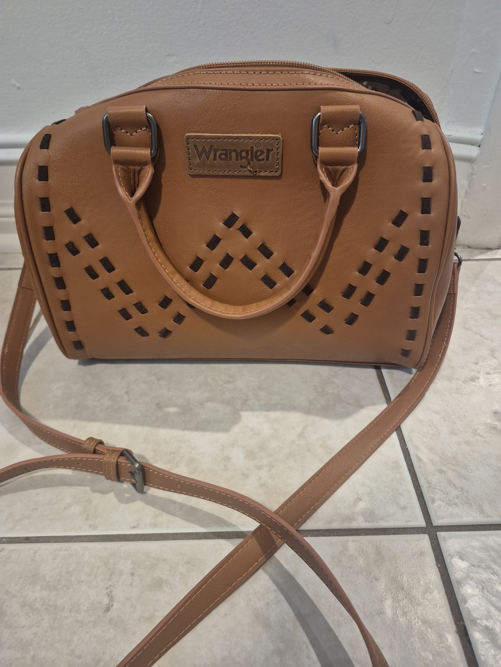 Wrangler Cognac Brown Laser-Cut Crossbody Satchel